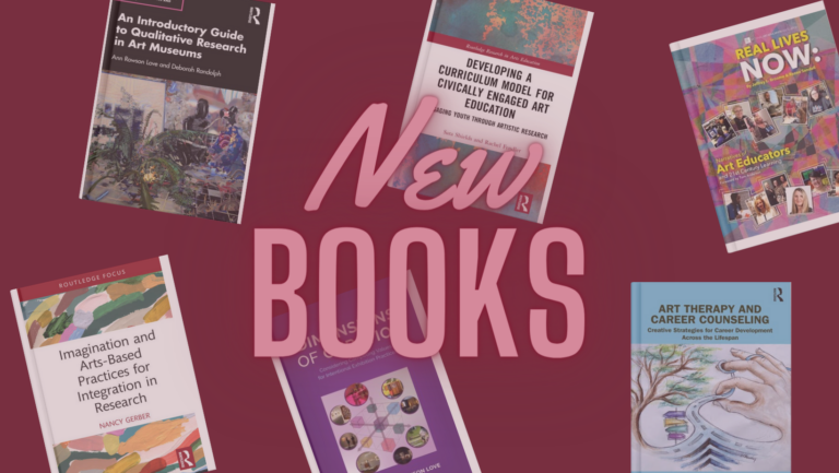 A graphic says "new books" in pink script over images of books in the background.
