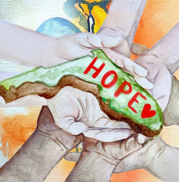 there is a painting of hands holding a sandwich with hope written on it
