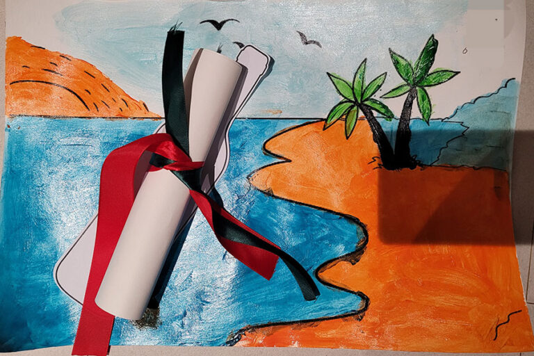 there is a picture of a painting of a graduate ' s diploma on a piece of paper